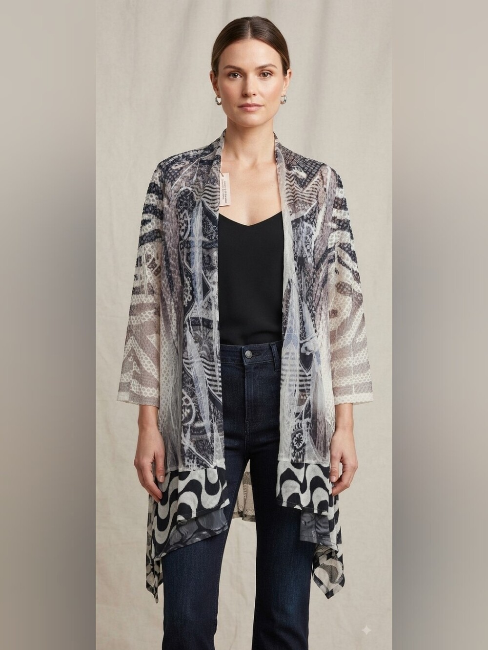 Suzanne's Black White Mixed Abstract Print Layered Mesh Kimono Duster OS